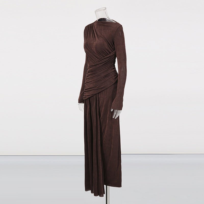 Clean flat ribbed cuff detail on long fitted sleeve of the ruched maxi dress