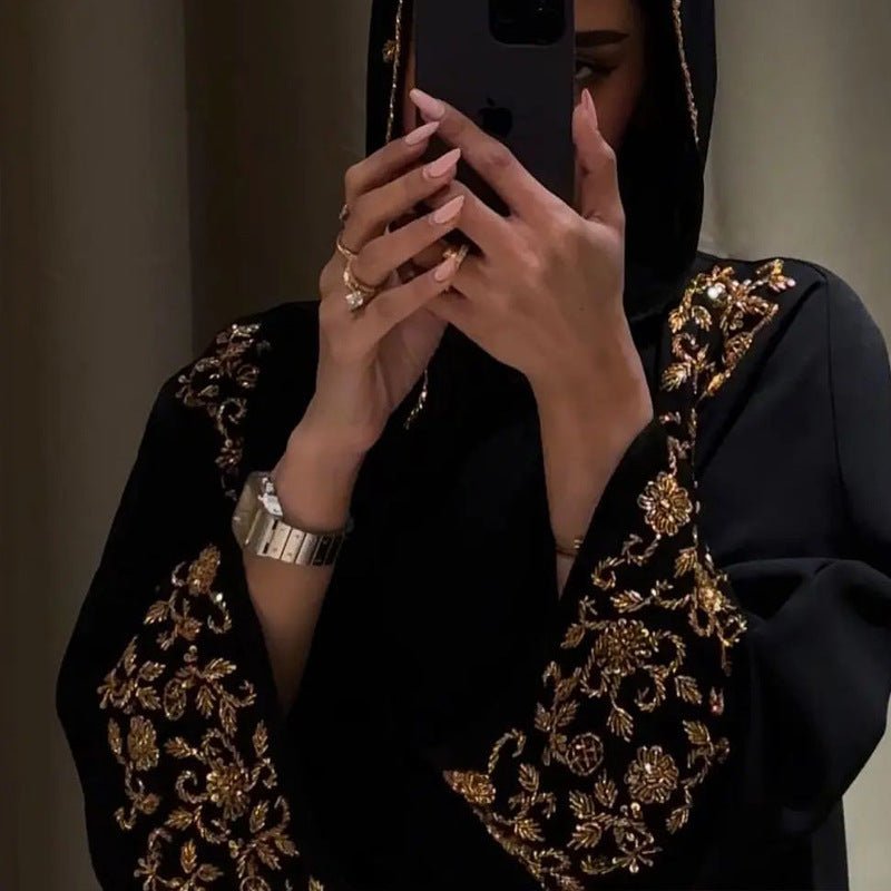 Luxury Black Embroidered Diamond Abaya Set (MOA184), Gold / S Luxury Black Embroidered Diamond Abaya Set (MOA184), Gold / S