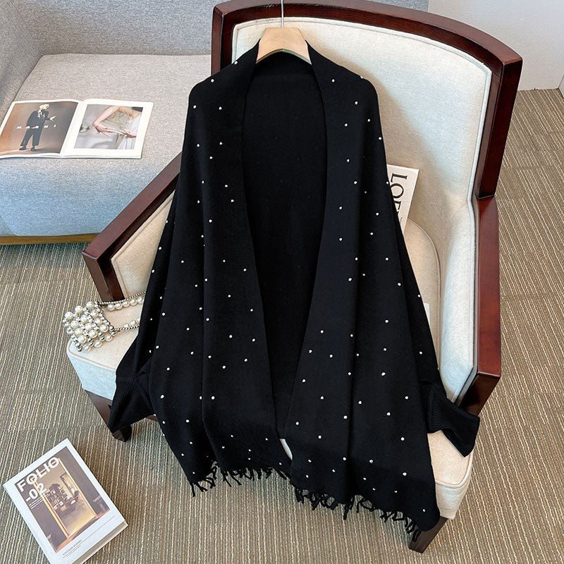 Diamond Embellished Cape Cardigan | Fringe Trim Knit Shawl Sweater(MS211) - Mariam's Collection