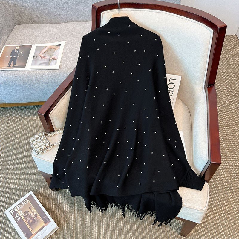 Diamond Embellished Cape Cardigan | Fringe Trim Knit Shawl Sweater(MS211) - Mariam's Collection