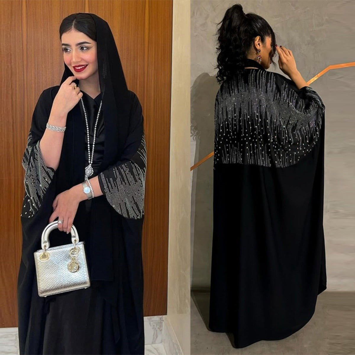 Diamond Embellished Open Front Cardigan Robe - Luxury Loose Fit Cover Up with Crystal Details(MOA213) - Mariam's Collection