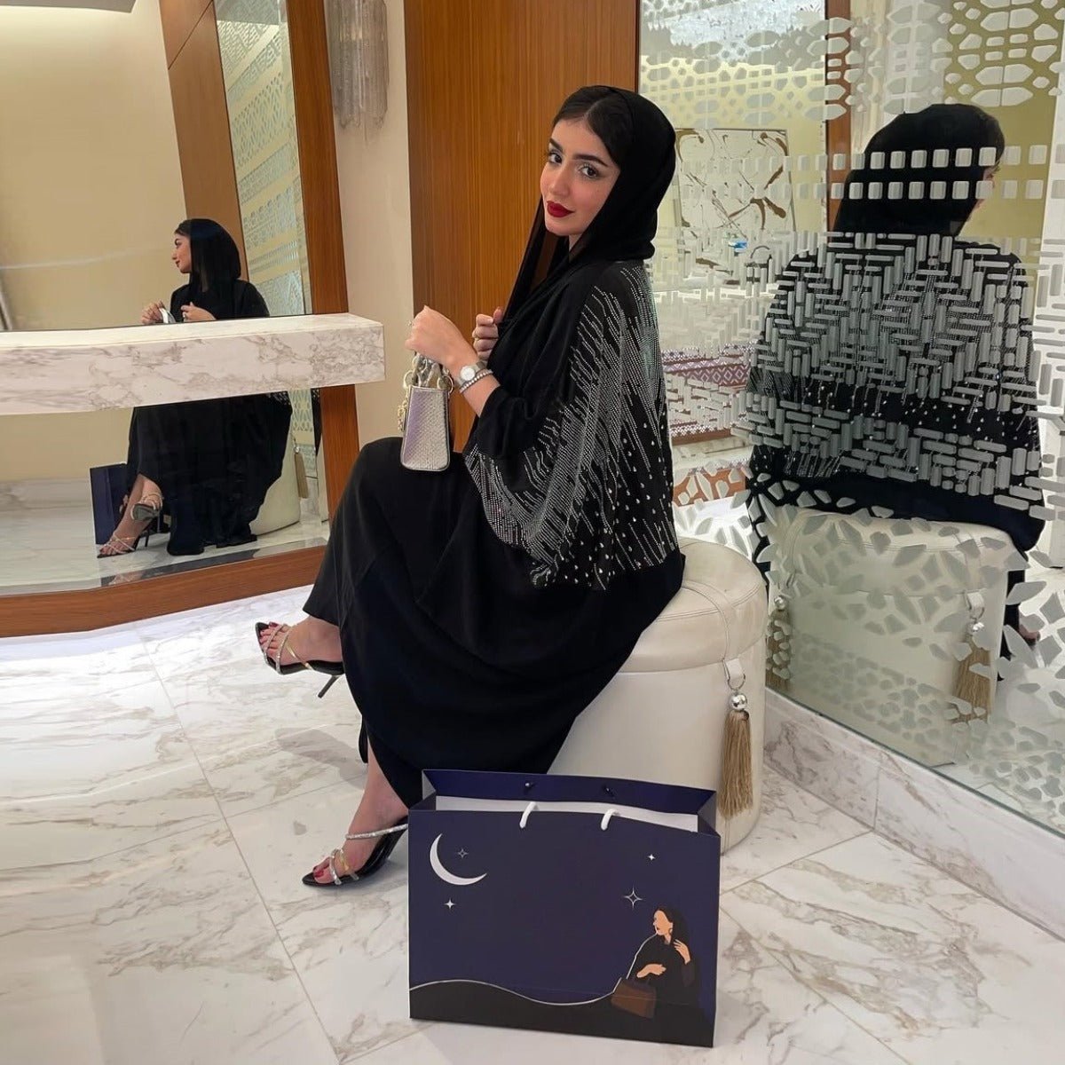Diamond Embellished Open Front Cardigan Robe - Luxury Loose Fit Cover Up with Crystal Details(MOA213) - Mariam's Collection