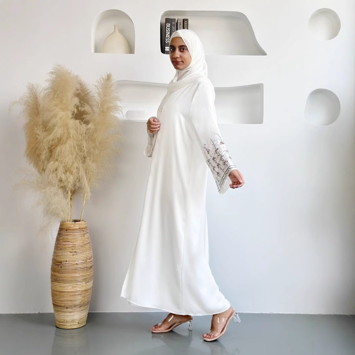 Diamond Glow Abaya Collection | Luxury Modest Fashion White & Blush Pink Embroidered Robes with Floral Sleeves(MOA205) - Mariam's Collection
