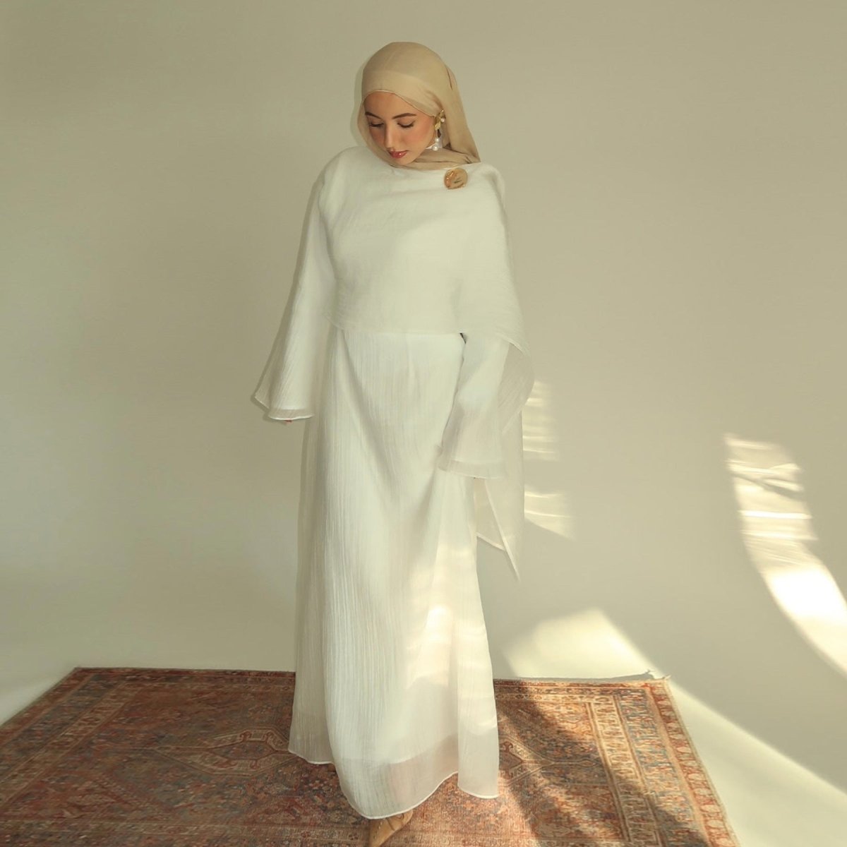 Double - Layer Abaya with Attached Cape | Textured Maxi Dress with Decorative Brooch(MA334) - Mariam's Collection