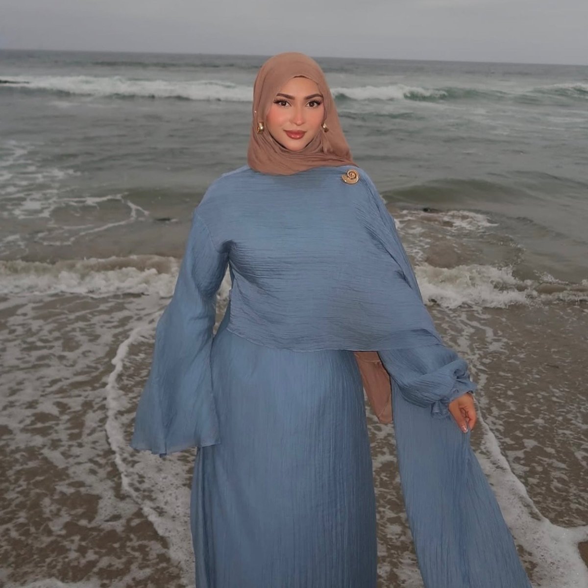 Double - Layer Abaya with Attached Cape | Textured Maxi Dress with Decorative Brooch(MA334) - Mariam's Collection