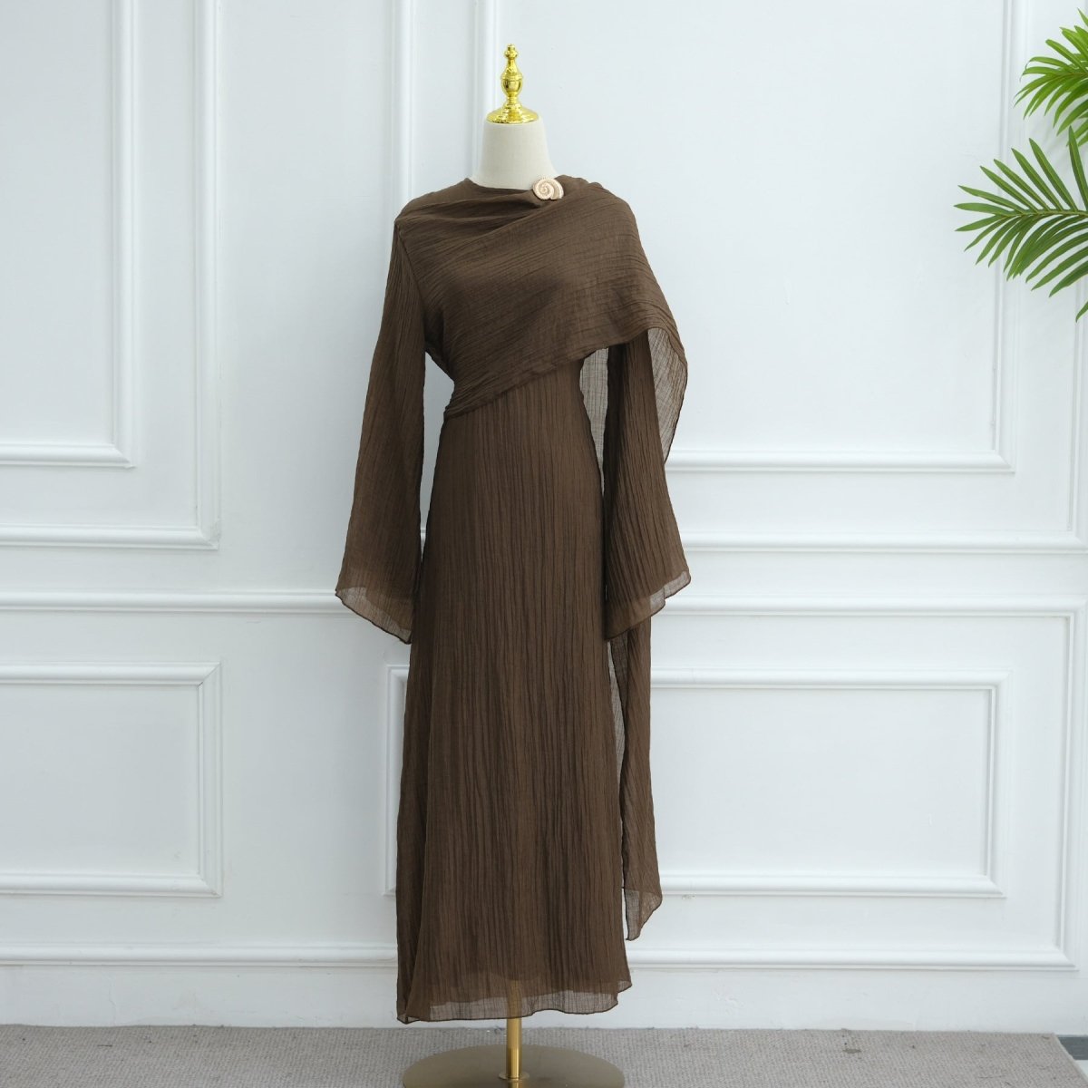 Double - Layer Abaya with Attached Cape | Textured Maxi Dress with Decorative Brooch(MA334) - Mariam's Collection