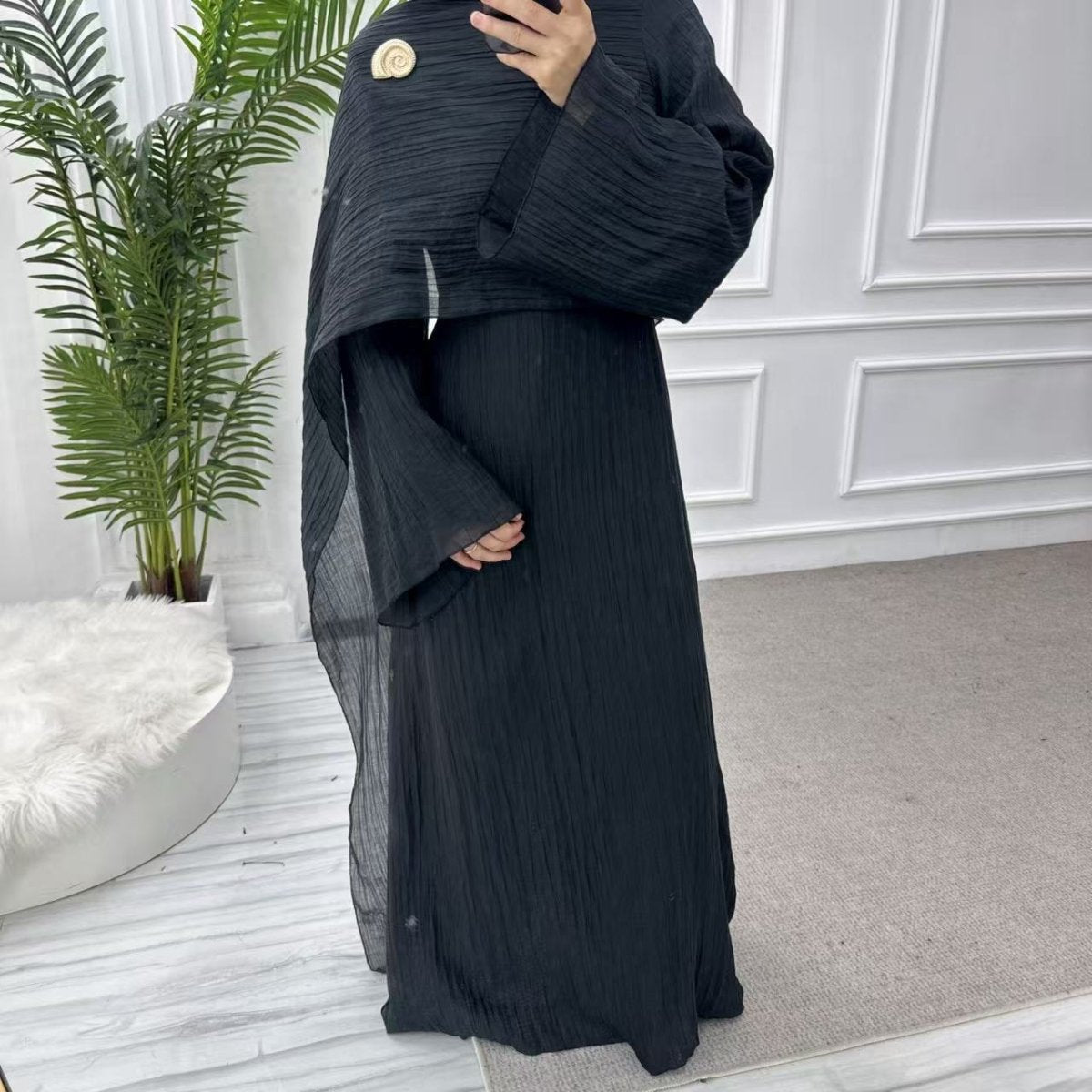 Double - Layer Abaya with Attached Cape | Textured Maxi Dress with Decorative Brooch(MA334) - Mariam's Collection