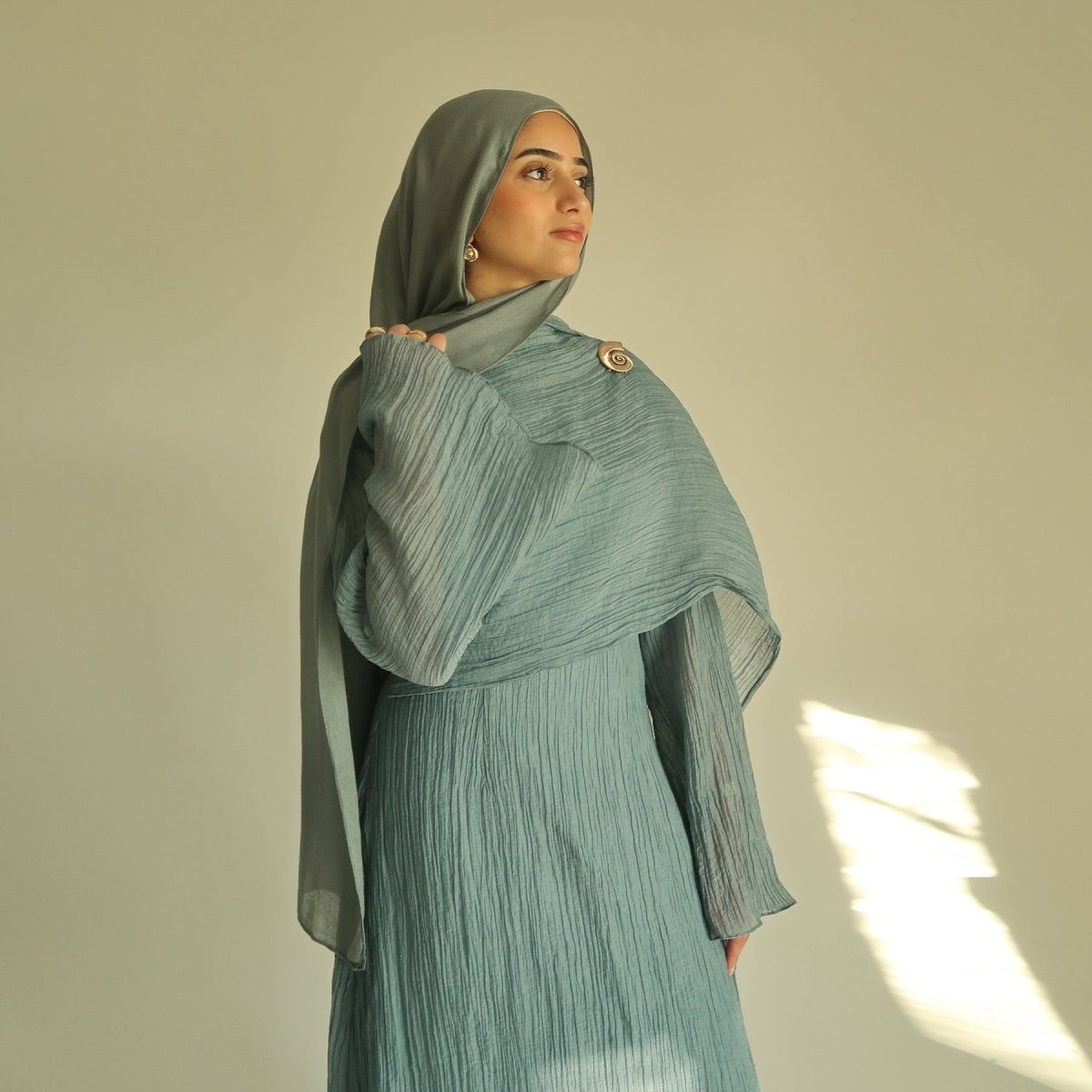 Double - Layer Abaya with Attached Cape | Textured Maxi Dress with Decorative Brooch(MA334) - Mariam's Collection