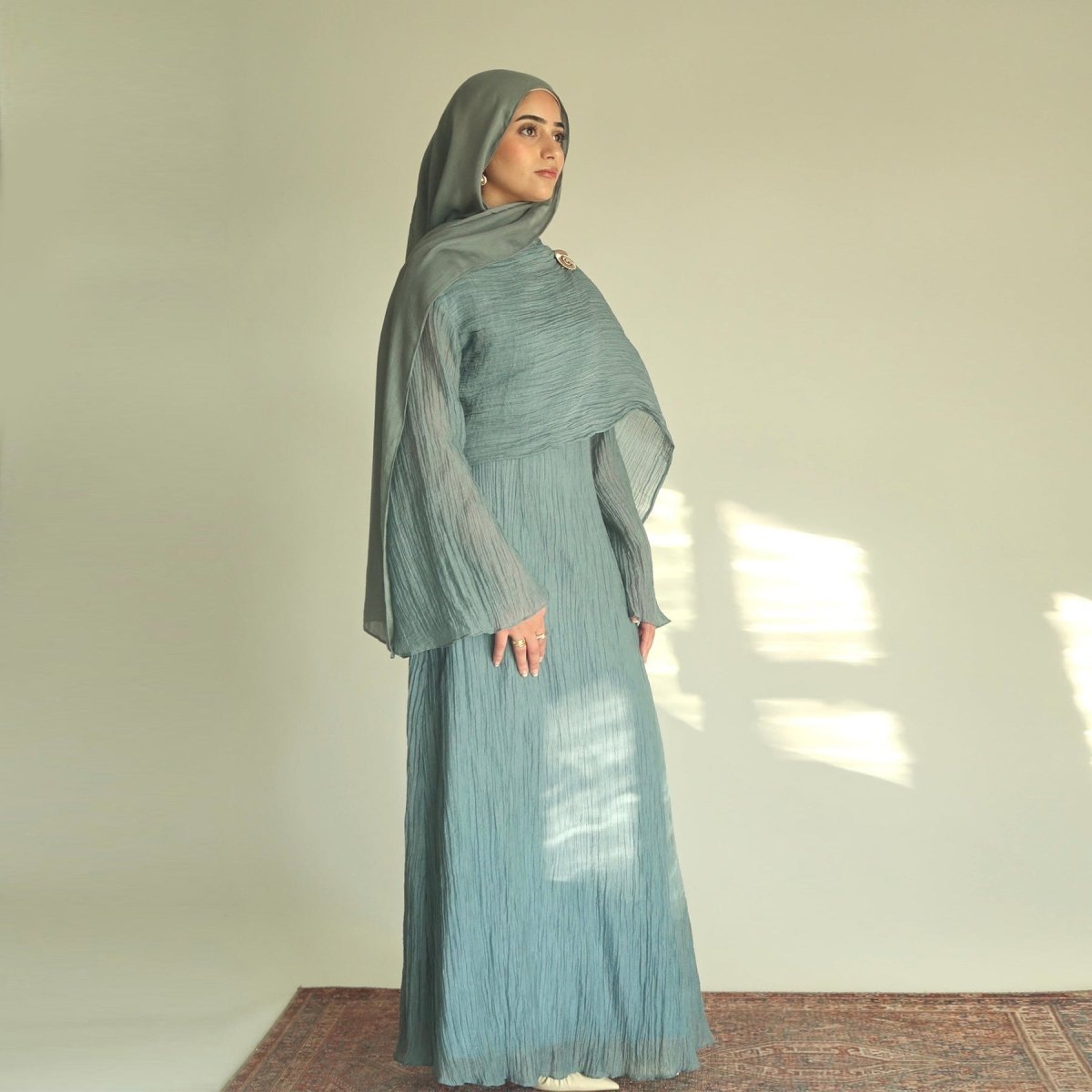 Double - Layer Abaya with Attached Cape | Textured Maxi Dress with Decorative Brooch(MA334) - Mariam's Collection