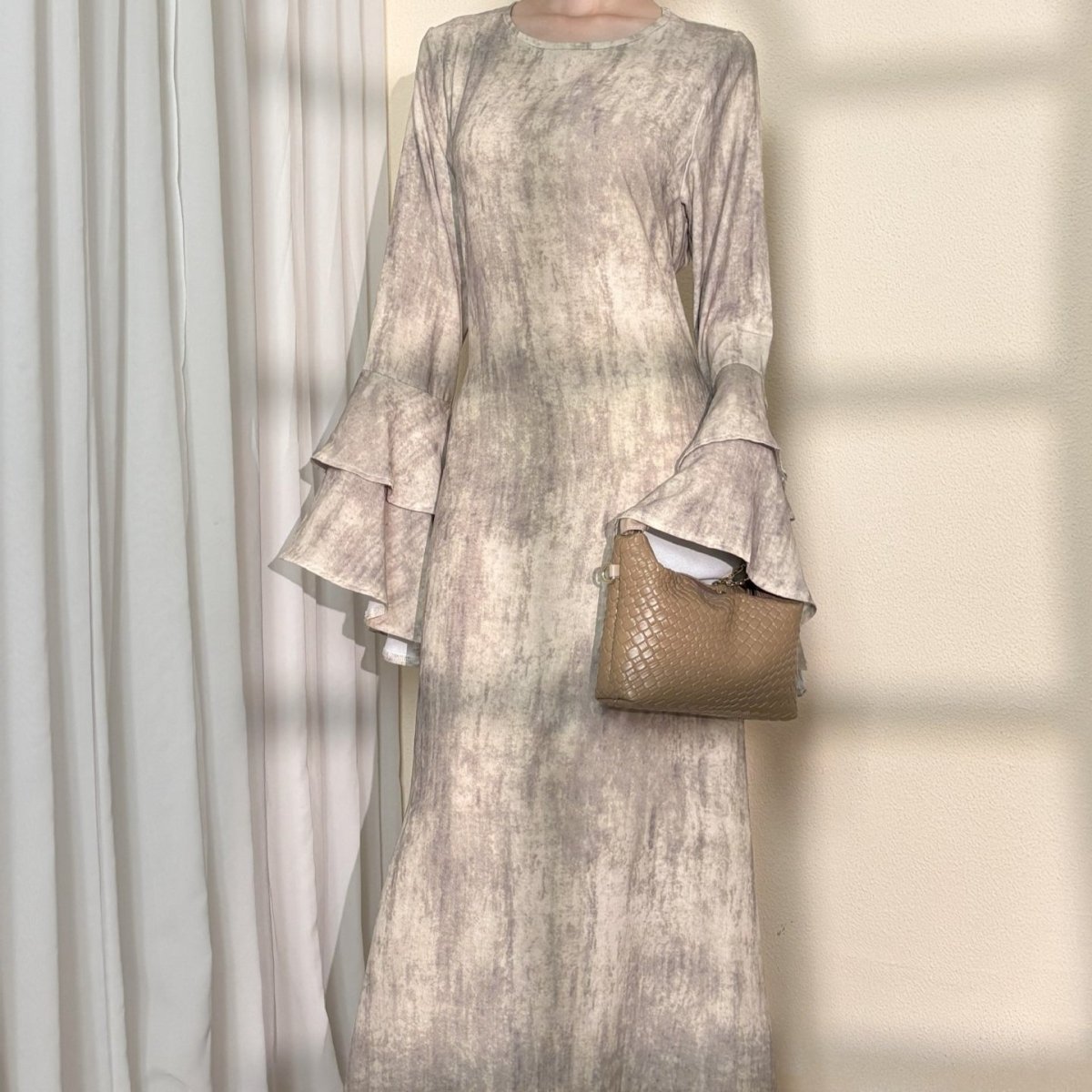Double - Layer Bell Sleeve Abaya | Back Lace - Up Tie - Dye Maxi Dress(MA353) - Mariam's Collection