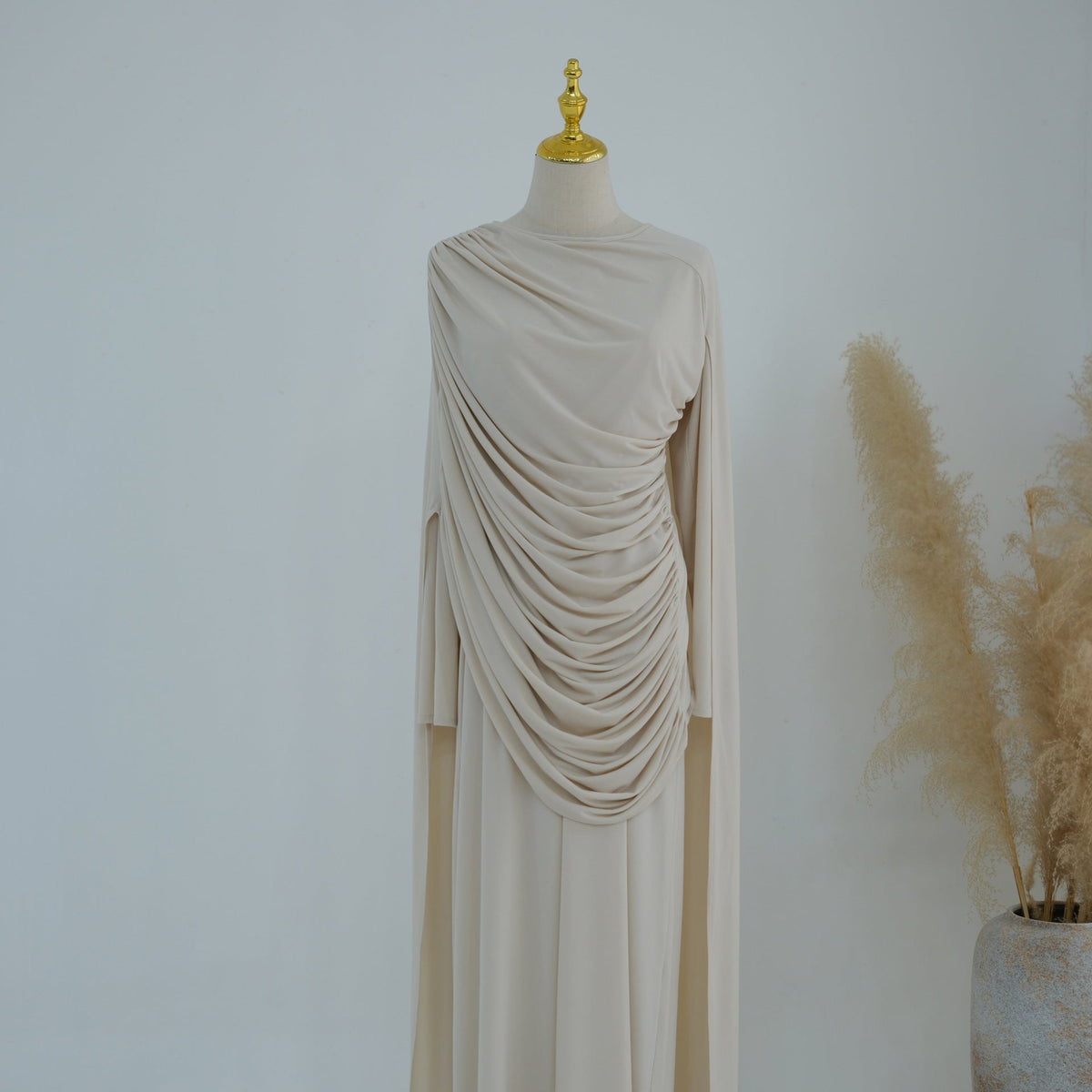 Draped Cape Top & Wide-Leg Trousers Set | Elegant Stretch Two-Piece Outfit(MS586) - Mariam's Collection