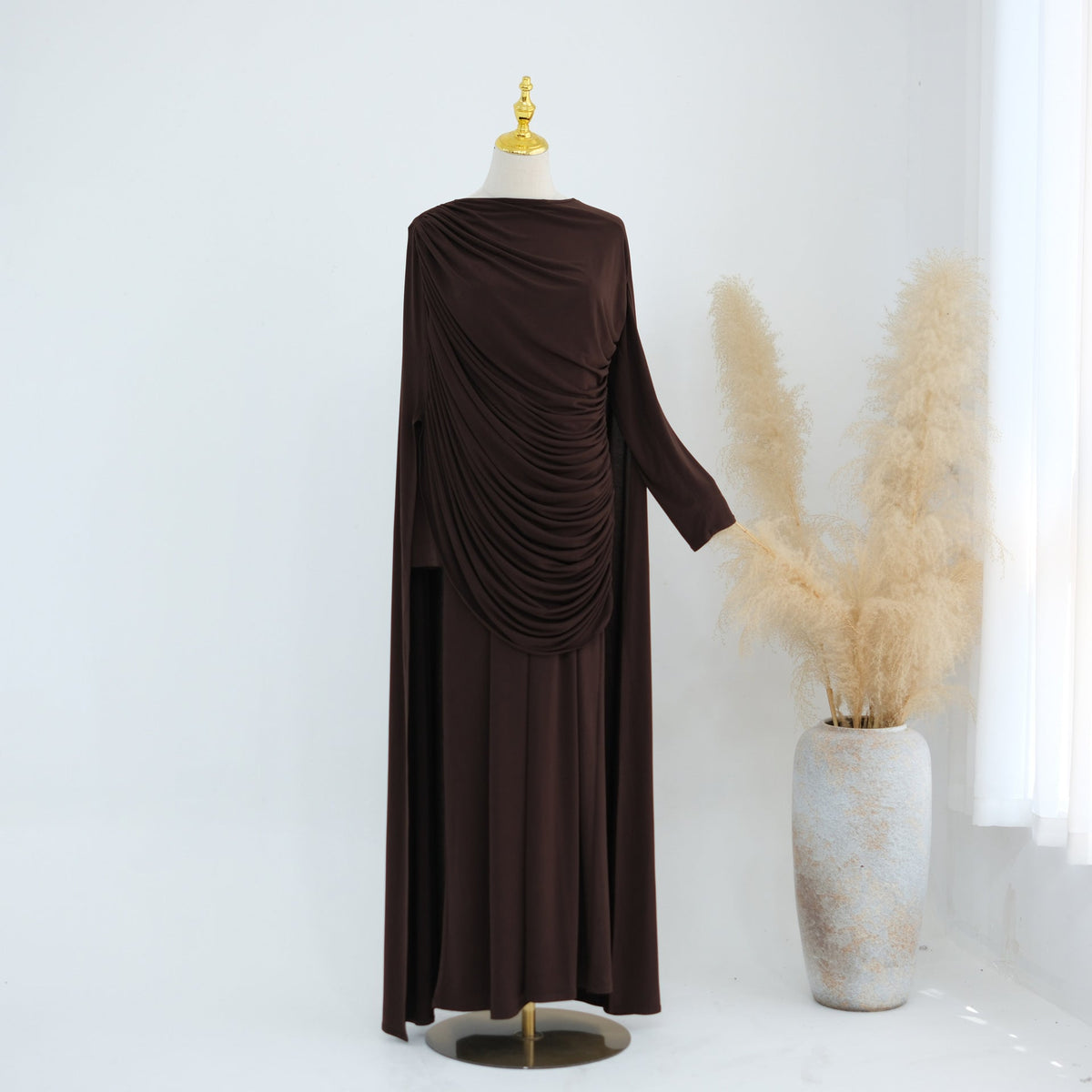 Draped Cape Top & Wide-Leg Trousers Set | Elegant Stretch Two-Piece Outfit(MS586) - Mariam's Collection
