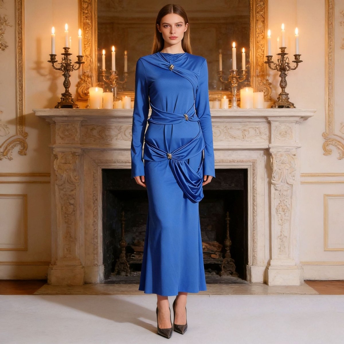 Draped Dress with Jeweled Brooches(MS347) - Mariam's Collection