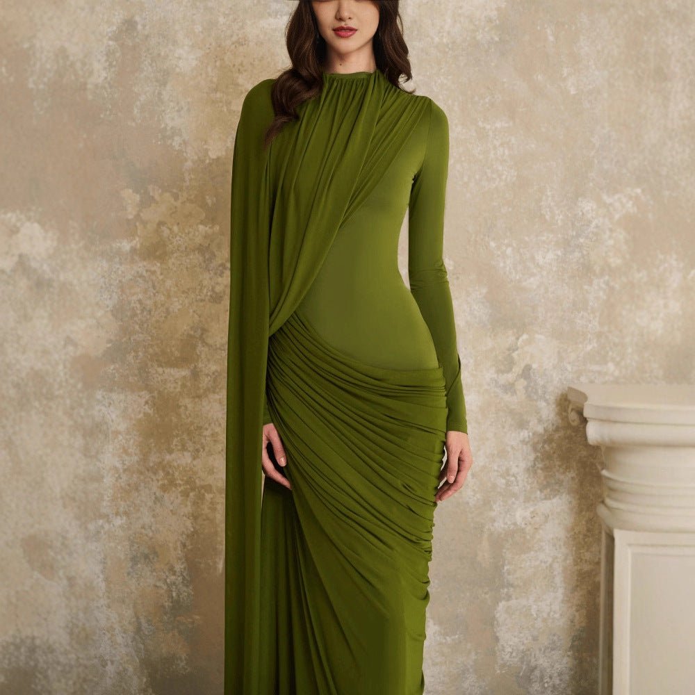 Draped Jersey Gown with Flowing Panel(MS350) - Mariam's Collection