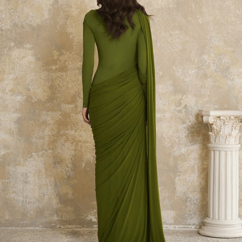 Draped Jersey Gown with Flowing Panel(MS350) - Mariam's Collection