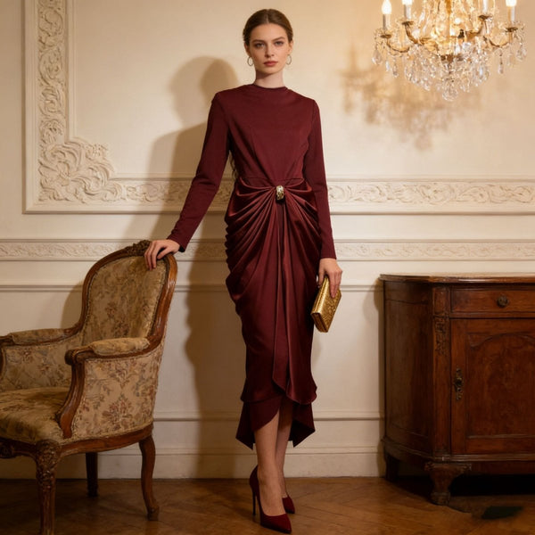 Draped Satin Skirt Dress with Jeweled Brooch(MS321), Black / M