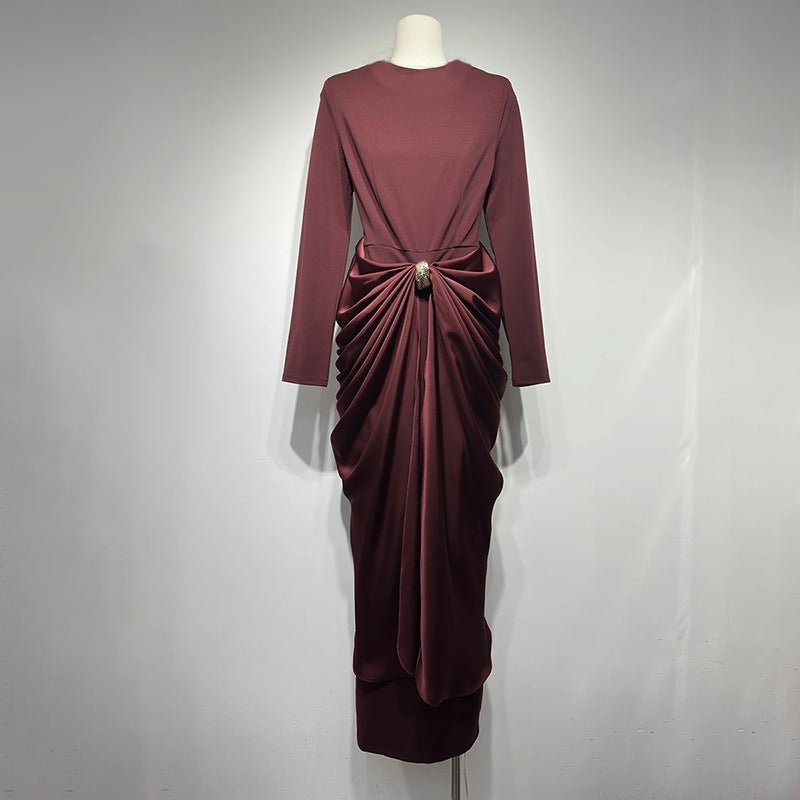 Draped Satin Skirt Dress with Jeweled Brooch(MS321) - Mariam's Collection