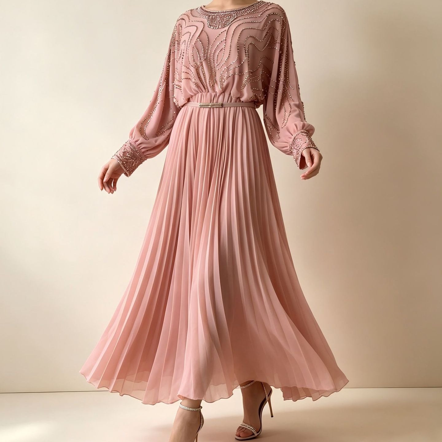 Handbeaded Pearl & Crystal Batwing Maxi Dress(MS529)