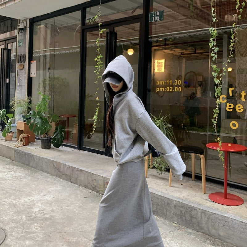 Casual Grey Zip-Up Hoodie & High Waist Drawstring A-Line Skirt Set(MS130)