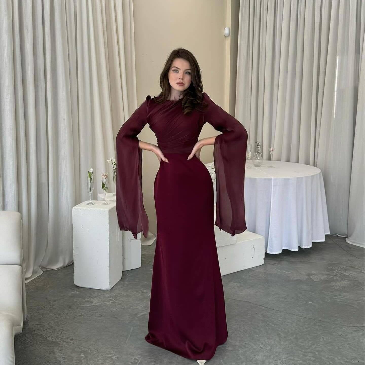 Cape Sleeve Gown with Tie-Back | Fitted Mermaid Maxi Dress(MS230)