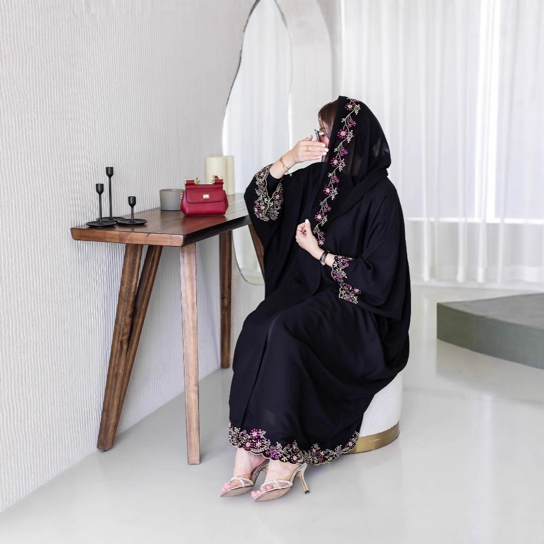 Black Abaya with Embroidered Floral Hijab Set(MOA279)