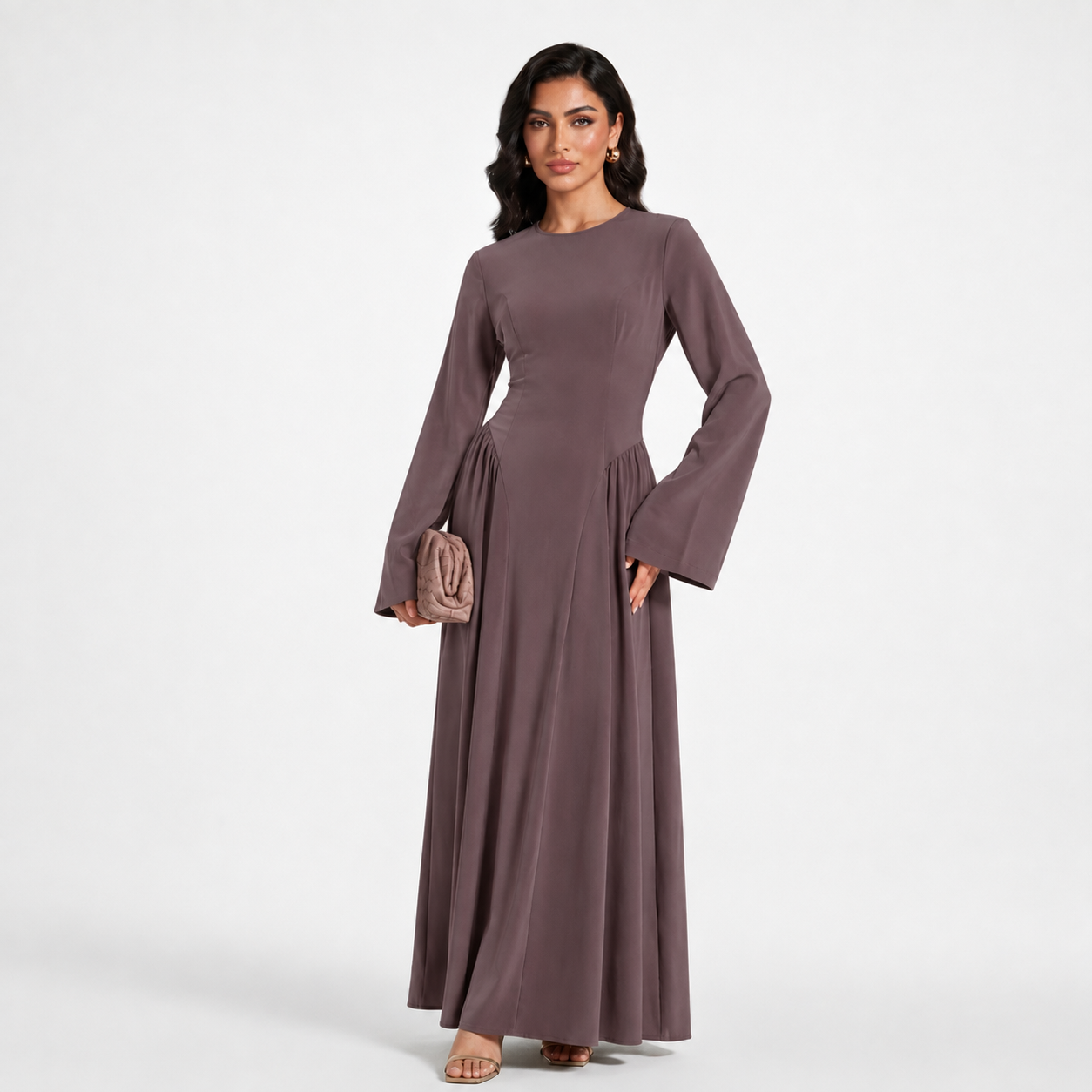 Nida Flared Maxi Dress with Pleated A-Line Skirt & Wide Bell Sleeves(MS435)