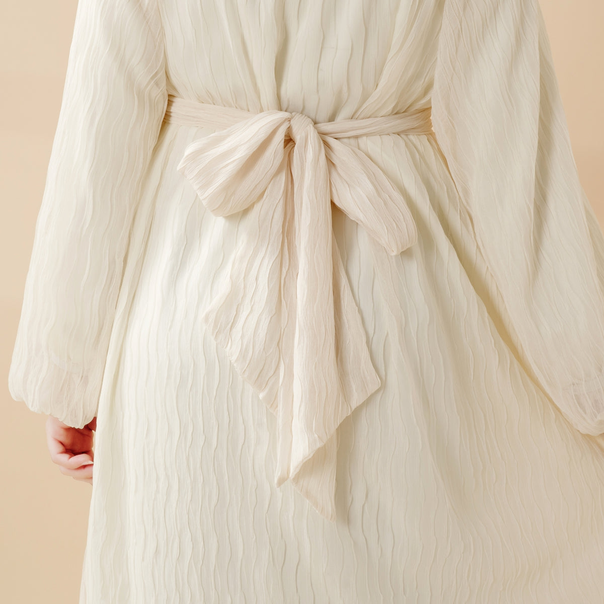 Elegant Cream White Pleat Textured Maxi Dress Puff Sleeves Abaya (MA152)