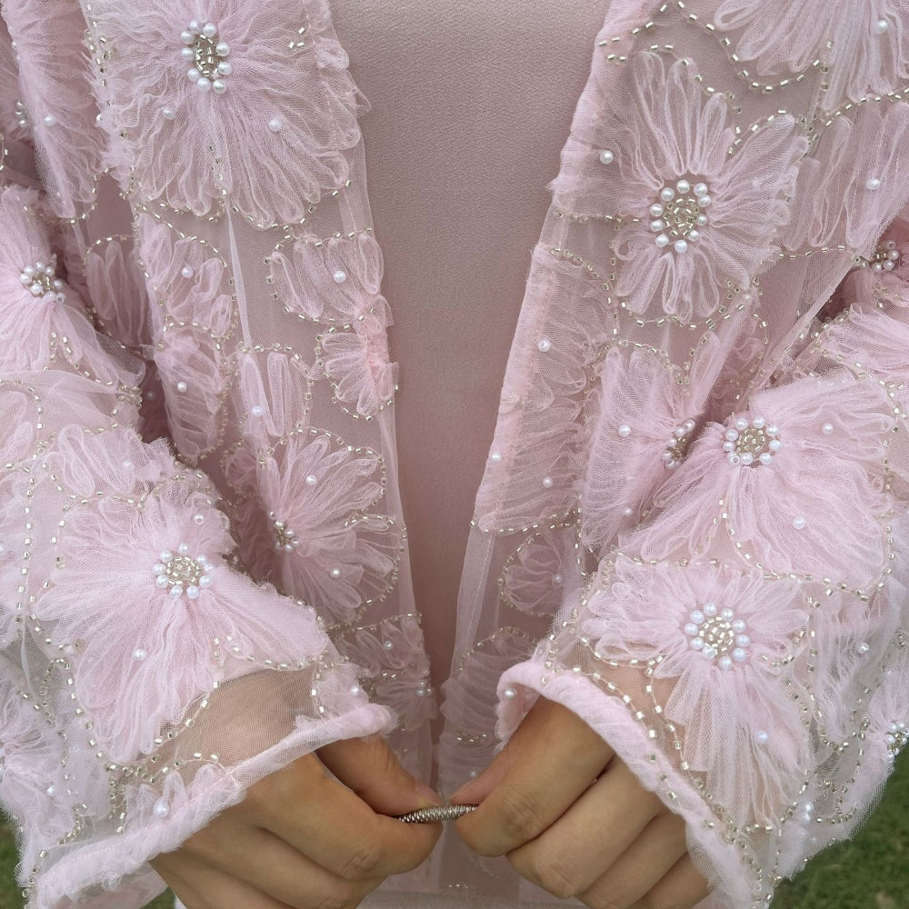 Mesh Flower Bead Open Abaya and Satin Interior Dress 2-Piece Set  | Elegant Muslim Wedding Guest Outfit(MOA222)