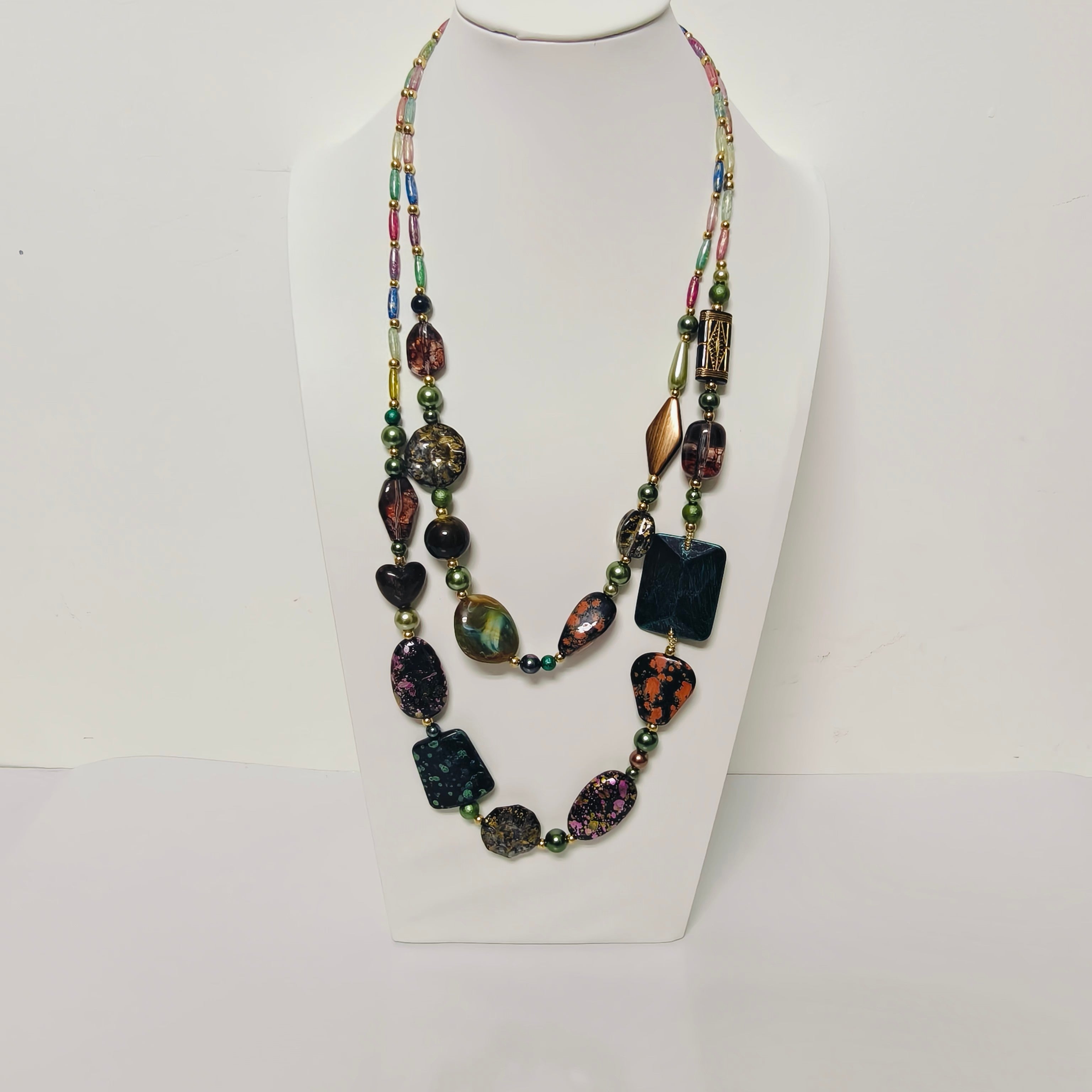 Handmade Resin & Shell Bead Necklace |  Artistic Beaded Statement Necklace |  Long Lightweight Boho Jewelry for Women (MAC346)