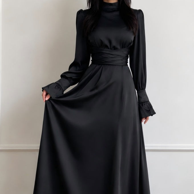 Satin Cross-Wrap Waist Maxi Dress(MS506)