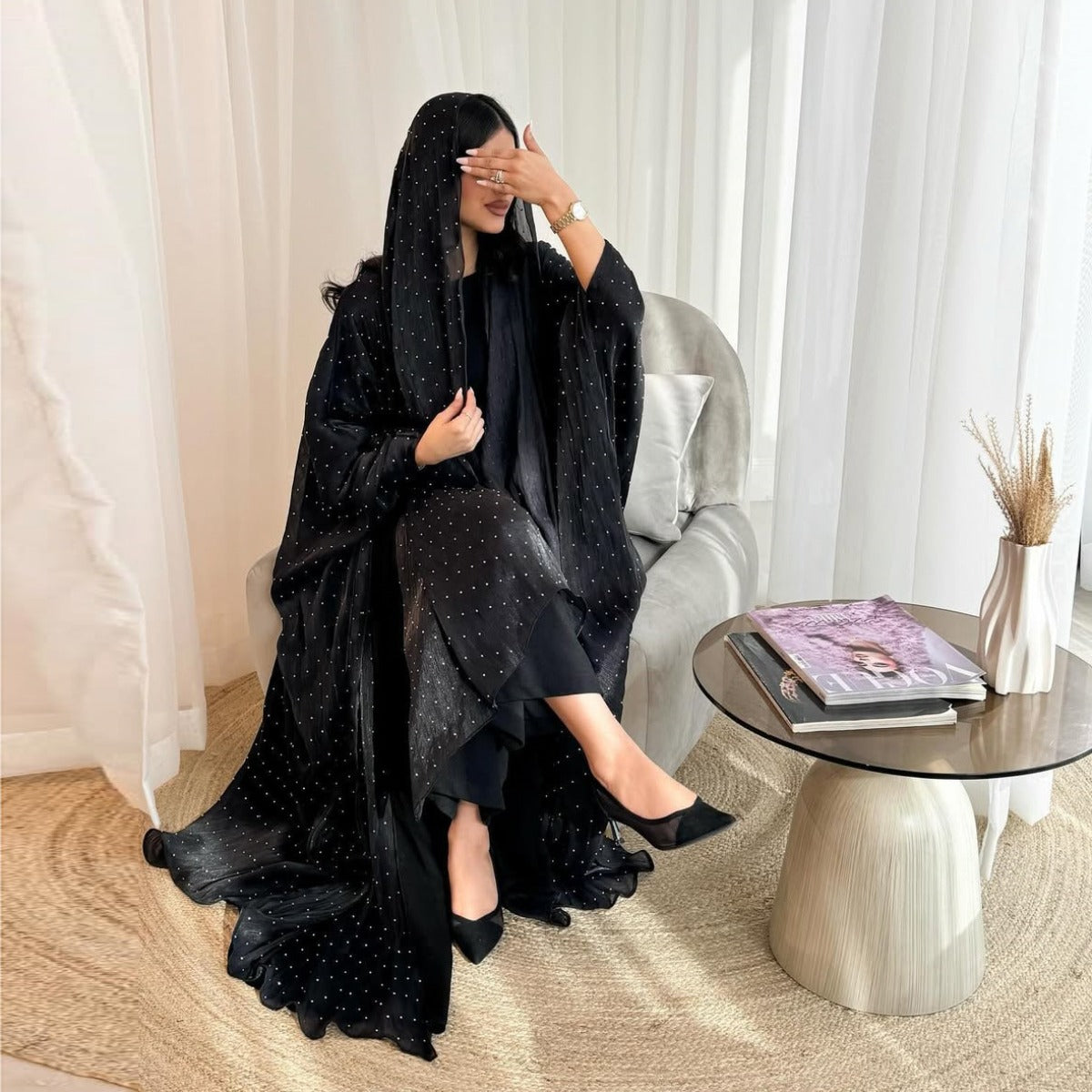 Luxury Muslim Starlight Evening Wear Abaya Set | Midnight Blue Diamond-Embellished Robe Jacket with Matching Hijab(MOA201)