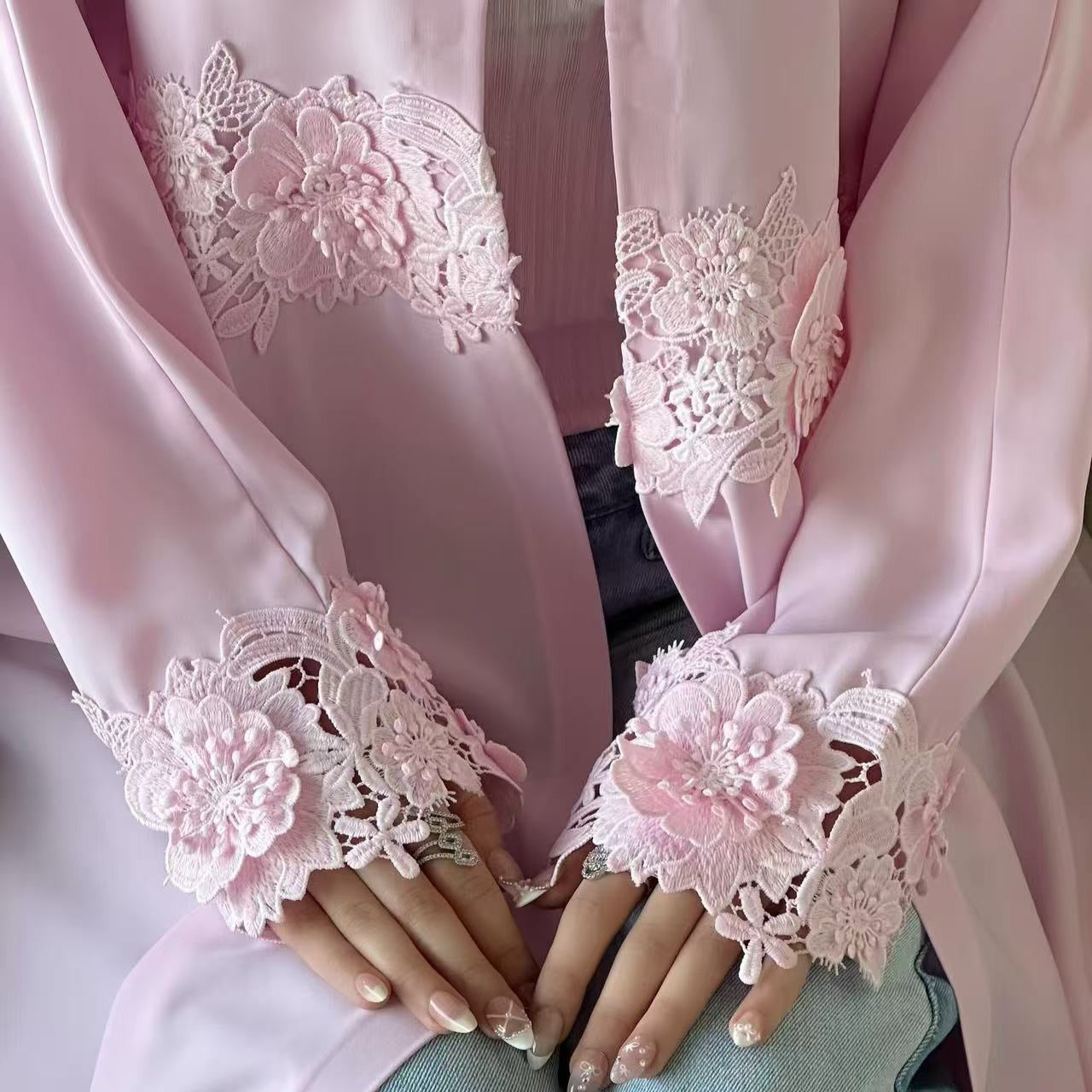 3D Floral Lace Trim Open Abaya(MOA336)