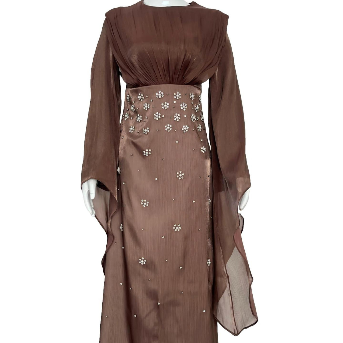 Crystal Embellished Shimmer Satin Maxi Dress(MS541)