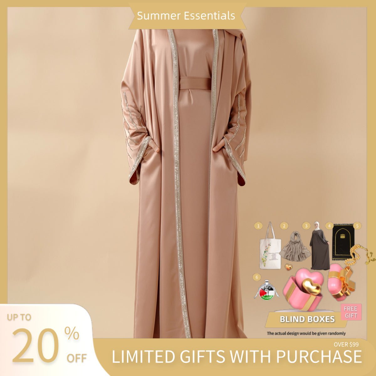 Eid Abaya For Eid Celebrations: Champagne Gold Bead Embroidery Two - Piece Abaya (MOA113) - Mariam's Collection