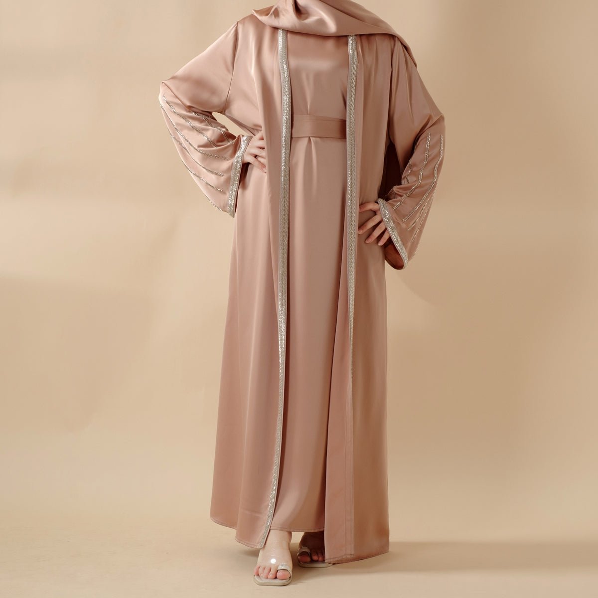 Eid Abaya For Eid Celebrations: Champagne Gold Bead Embroidery Two - Piece Abaya (MOA113) - Mariam's Collection