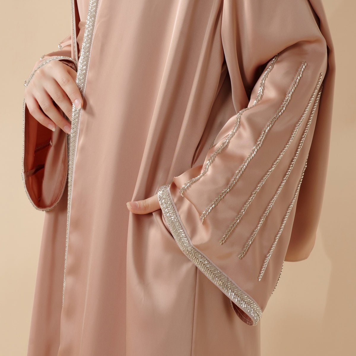Eid Abaya For Eid Celebrations: Champagne Gold Bead Embroidery Two - Piece Abaya (MOA113) - Mariam's Collection