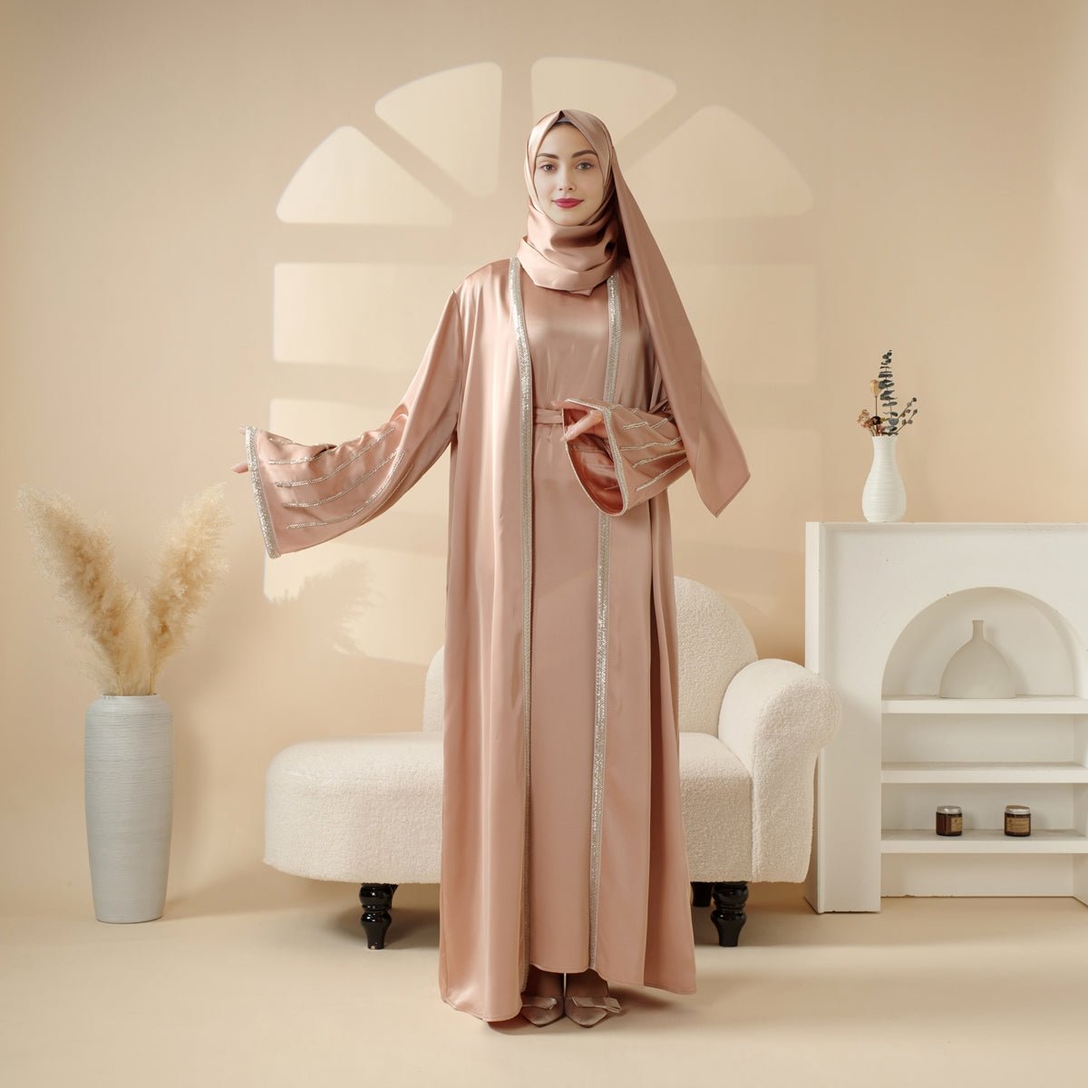 Eid Abaya For Eid Celebrations: Champagne Gold Bead Embroidery Two - Piece Abaya (MOA113) - Mariam's Collection