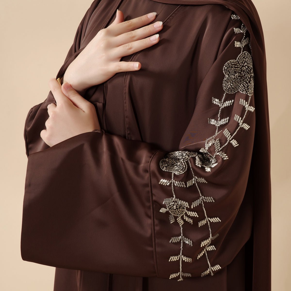 Eid Abaya - Perfect for Eid Celebrations Elegant Dark Brown Three - Piece Bead Embroidery (MOA112) - Mariam's Collection