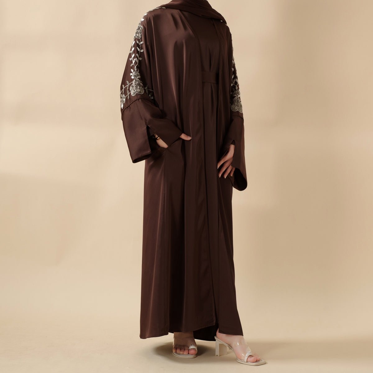 Eid Abaya - Perfect for Eid Celebrations Elegant Dark Brown Three - Piece Bead Embroidery (MOA112) - Mariam's Collection