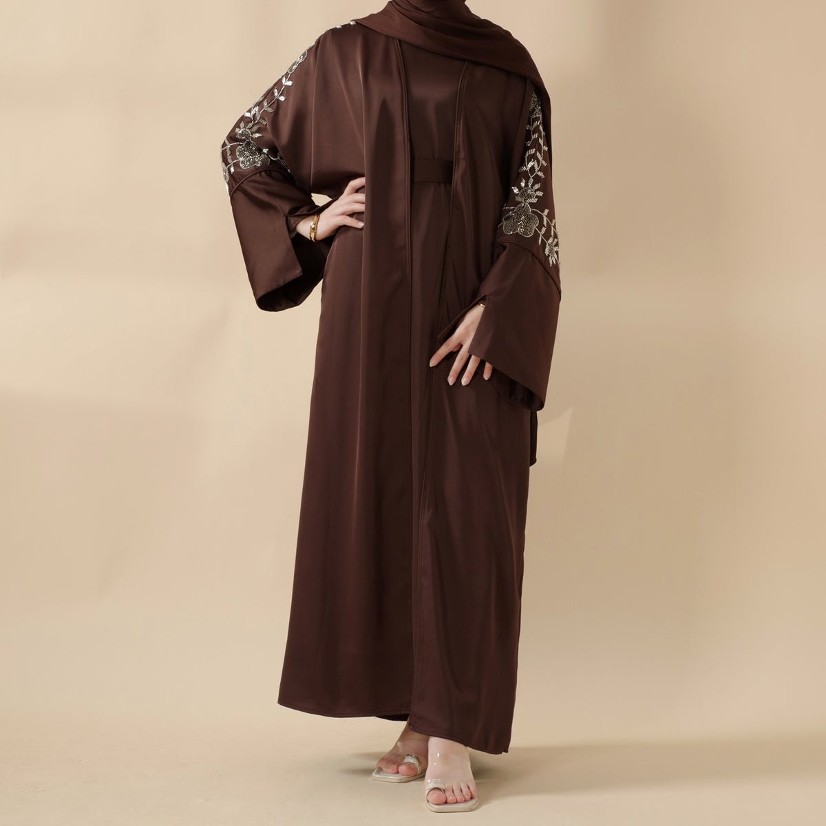 Eid Abaya - Perfect for Eid Celebrations Elegant Dark Brown Three - Piece Bead Embroidery (MOA112) - Mariam's Collection