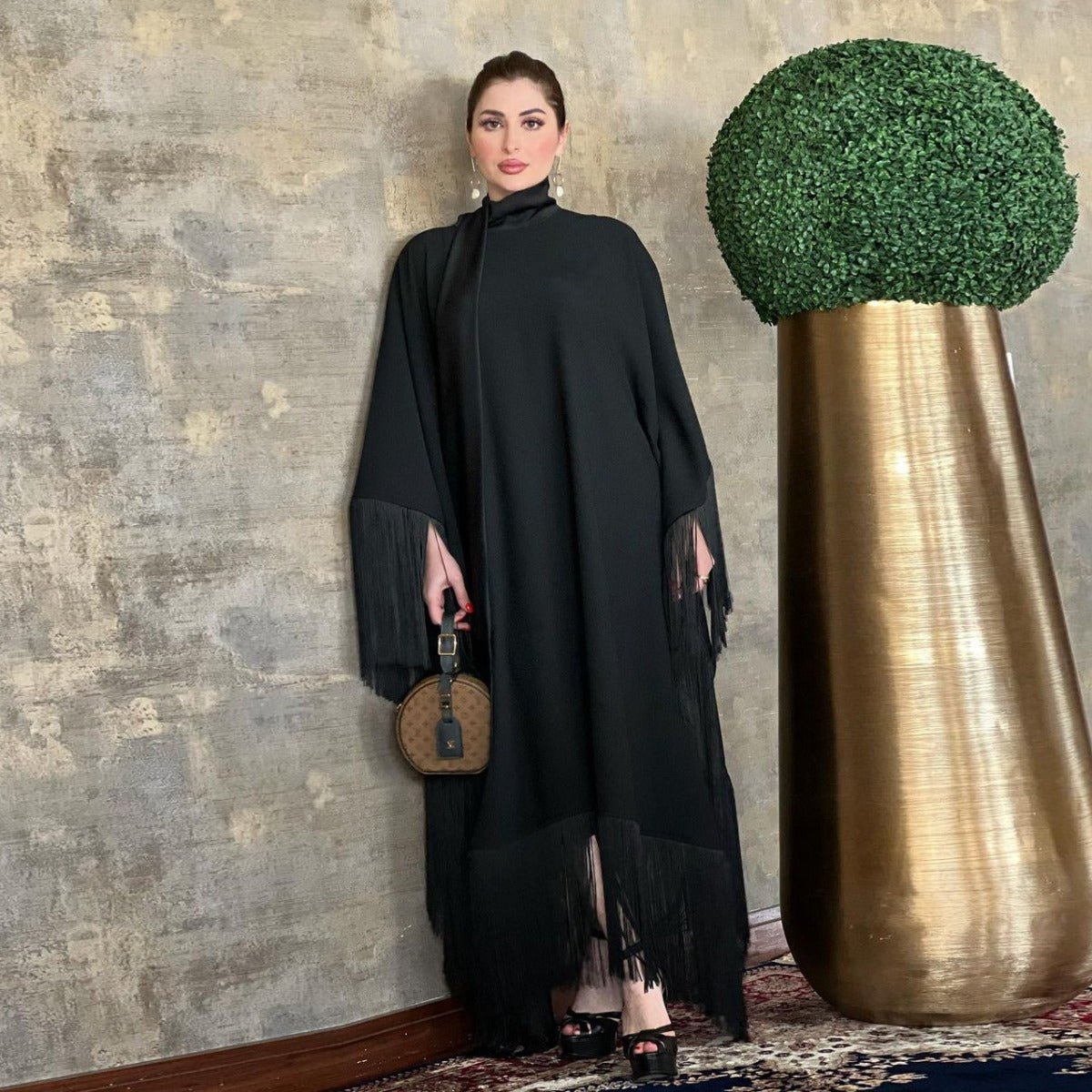 Elegant Bat Sleeve Tassel Kaftan | High Fashion Modest Party Dress with Flowy Fringe Details(MA288) - Mariam's Collection
