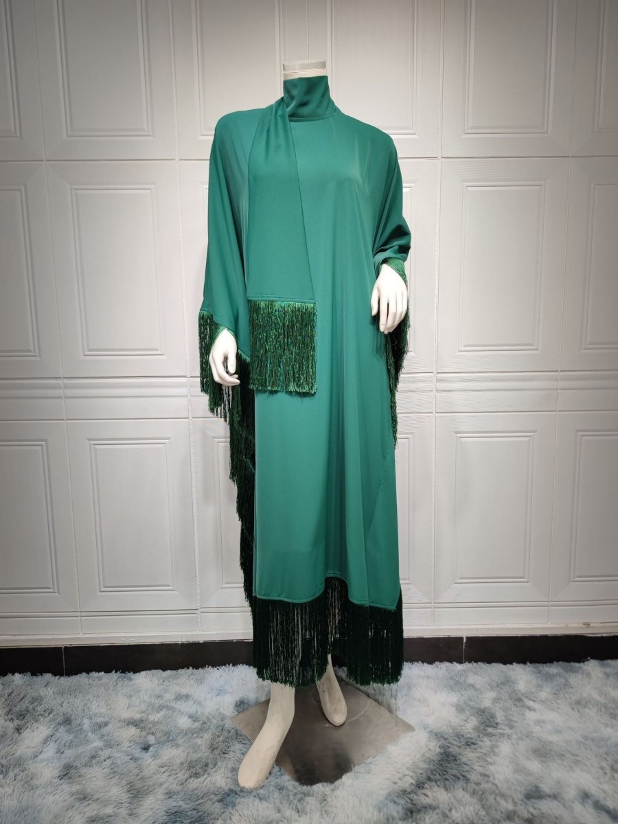 Elegant Bat Sleeve Tassel Kaftan | High Fashion Modest Party Dress with Flowy Fringe Details(MA288) - Mariam's Collection