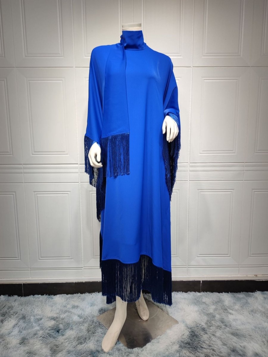 Elegant Bat Sleeve Tassel Kaftan | High Fashion Modest Party Dress with Flowy Fringe Details(MA288) - Mariam's Collection