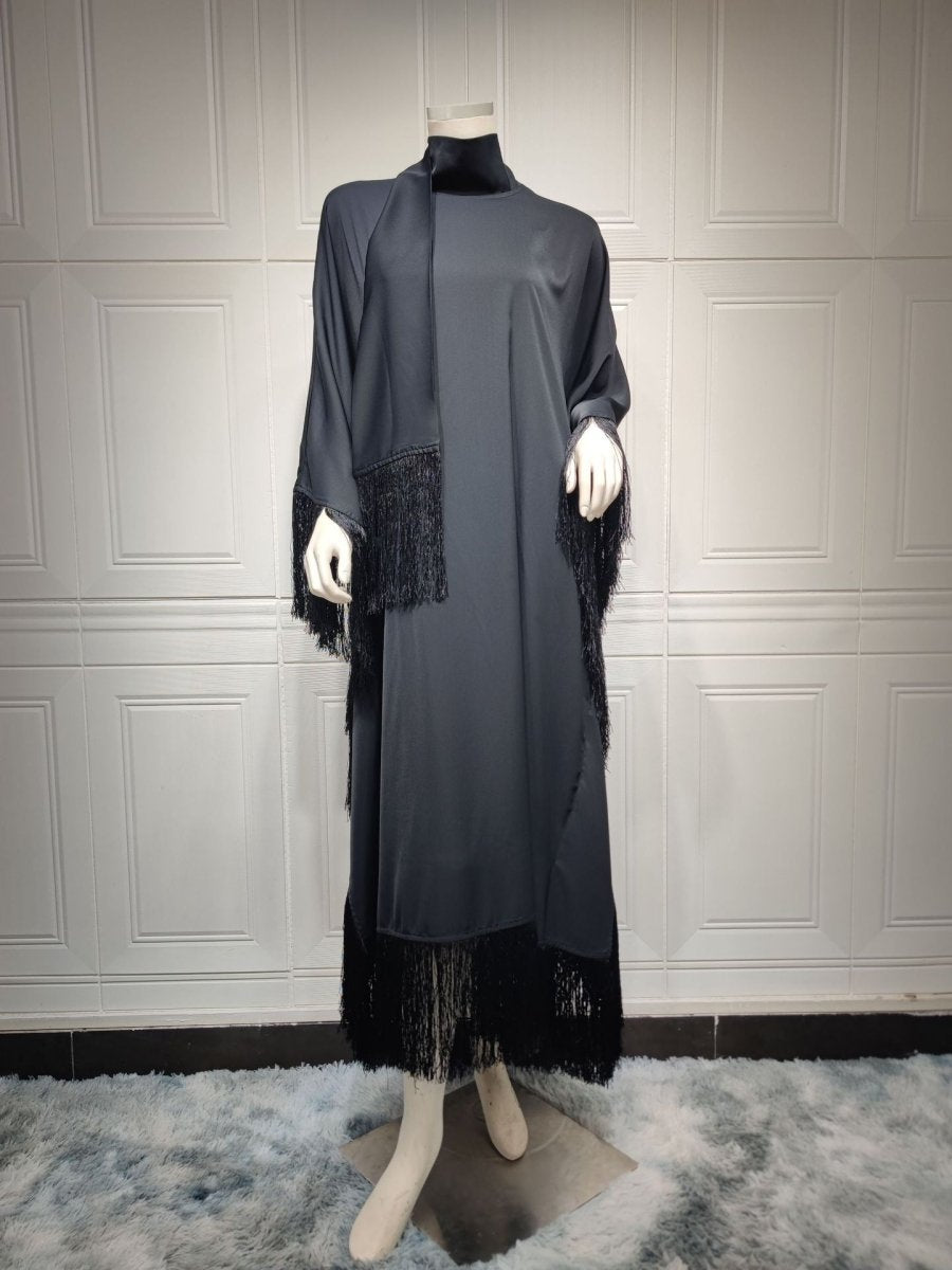 Elegant Bat Sleeve Tassel Kaftan | High Fashion Modest Party Dress with Flowy Fringe Details(MA288) - Mariam's Collection
