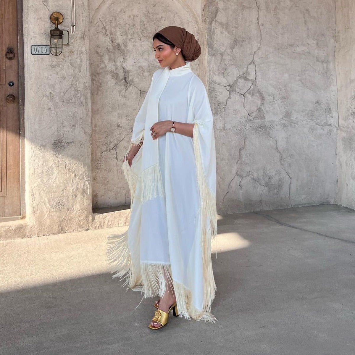 Elegant Bat Sleeve Tassel Kaftan | High Fashion Modest Party Dress with Flowy Fringe Details(MA288) - Mariam's Collection