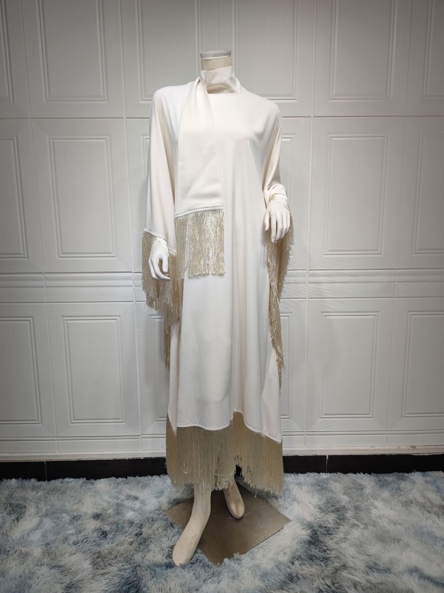 Elegant Bat Sleeve Tassel Kaftan | High Fashion Modest Party Dress with Flowy Fringe Details(MA288) - Mariam's Collection