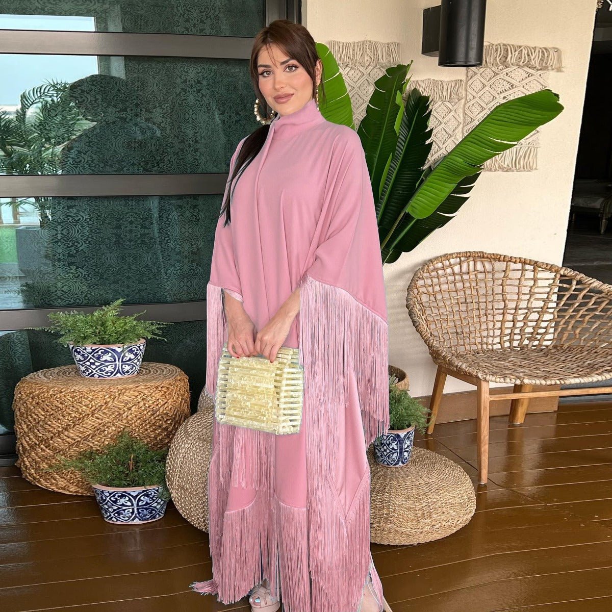 Elegant Bat Sleeve Tassel Kaftan | High Fashion Modest Party Dress with Flowy Fringe Details(MA288) - Mariam's Collection