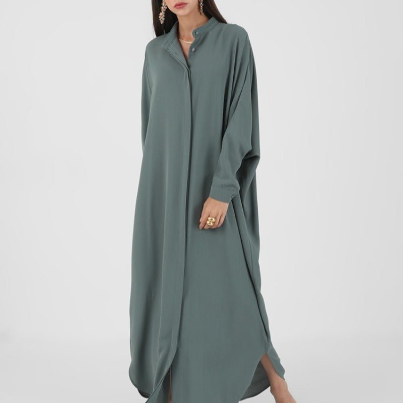 Elegant Batwing Sleeve Maxi Dress with Hidden Button Front | Adjustable Cuff Design(MA316) - Mariam's Collection