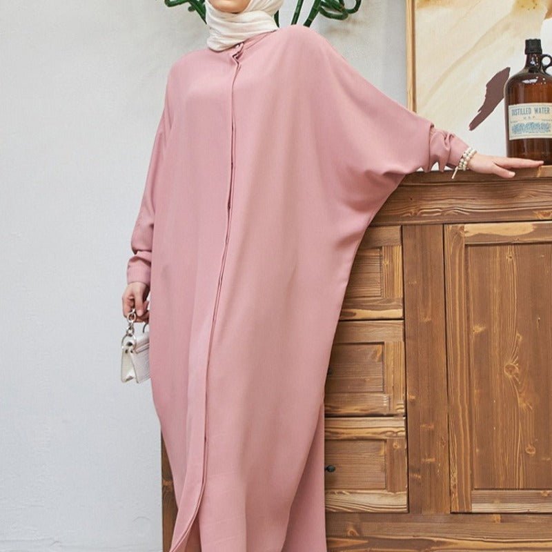 Elegant Batwing Sleeve Maxi Dress with Hidden Button Front | Adjustable Cuff Design(MA316) - Mariam's Collection
