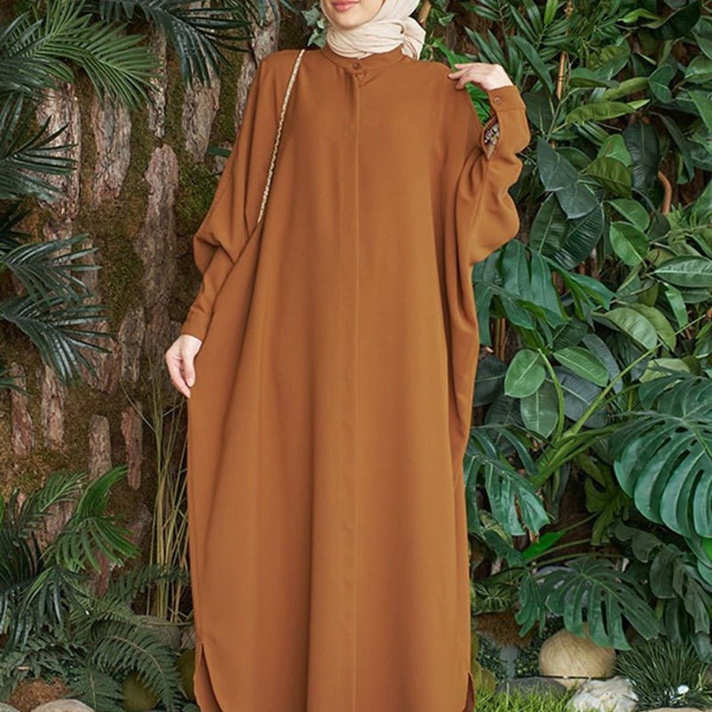 Elegant Batwing Sleeve Maxi Dress with Hidden Button Front | Adjustable Cuff Design(MA316) - Mariam's Collection